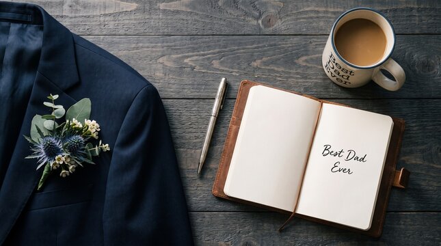 Best Dad Ever Leather Journal with Suit Jacket Boutonniere and Coffee Mug