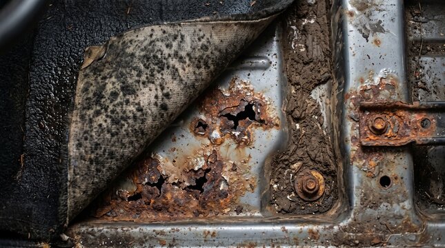 Severe corrosion and rust holes on a damaged metal vehicle floor panel