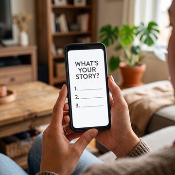 Person holding smartphone showing a screen with the text WHAT'S YOUR STORY and a numbered list in a cozy indoor setting