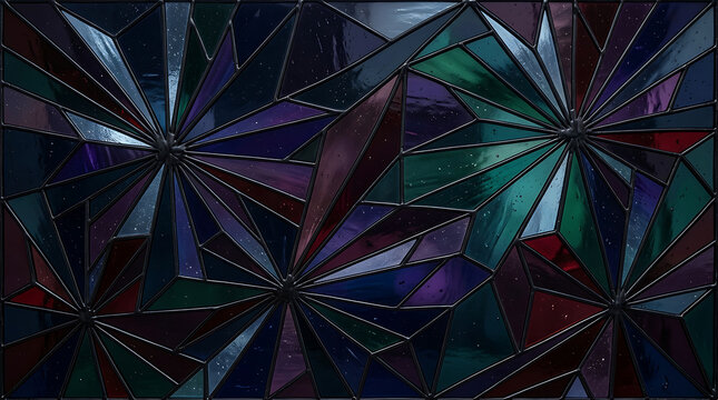 Abstract dark geometric pattern with blue and green triangles and glowing white dots