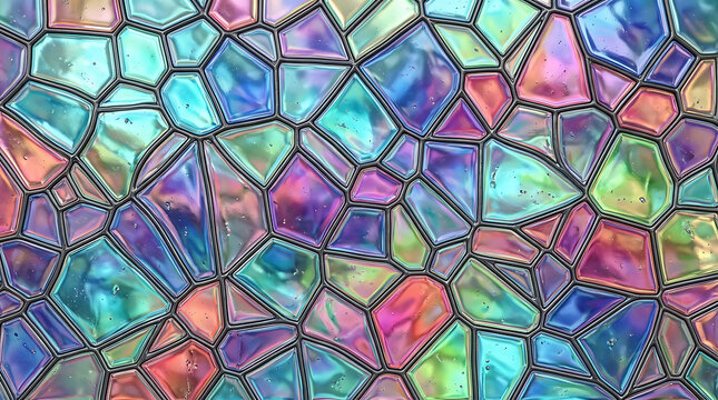 Abstract colorful mosaic pattern with iridescent stone shapes and dark grout lines
