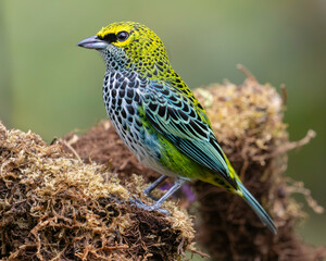 Speckled Tanager (Ixothraupis guttata) perched on a mossy perch © Andres Espinoza 