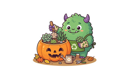 Obraz premium Cute green monster gardening succulents in a pumpkin planter