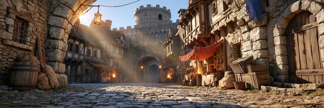 Medieval town street with stone buildings and a castle gate