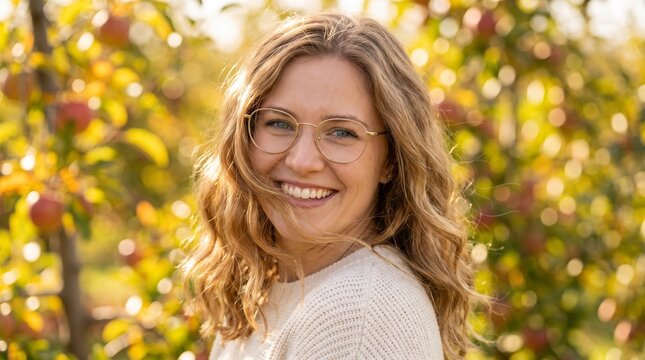 German American Woman Honey Blonde Glasses Apple Orchard Copy Space
