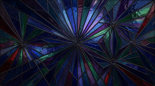 Abstract dark background with colorful radial light rays and glowing golden dust particles