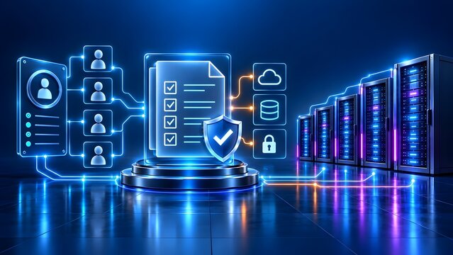 Secure multi user enterprise environment showing a checklist document protected by a shield connecting team profiles to cloud storage and databases.