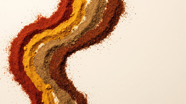 Organic spice powders arranged in flowing lines on neutral background for food packaging design