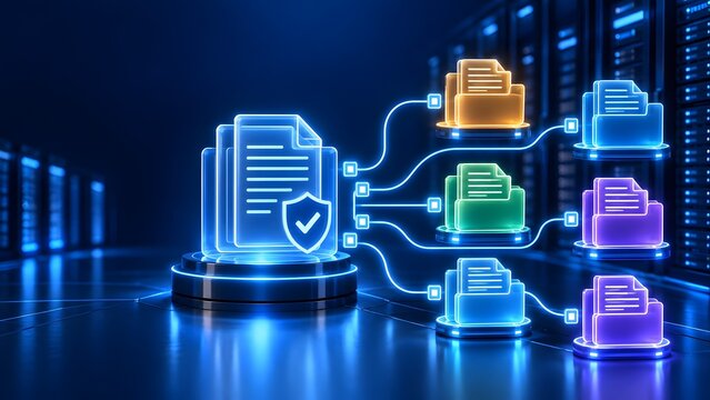 Secure digital document management system routing encrypted files into categorized folders within a high tech server room environment.
