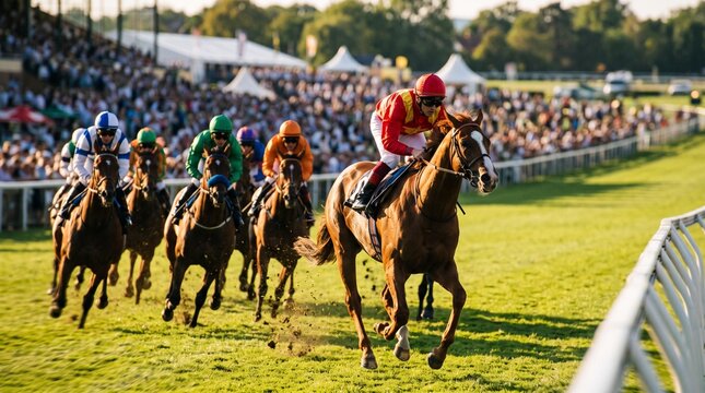 Professional jockeys competing in a horse race at the melbourne cup