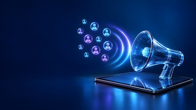 Digital megaphone on tablet broadcasting user icons representing online communication social media marketing and audience engagement in a futuristic