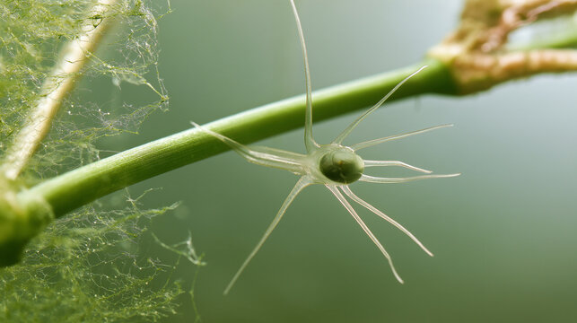 Translucent spider-like arachnid on green plant stem