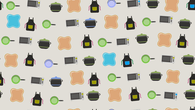 Kitchenware pattern with aprons, pots, pans, and microwaves