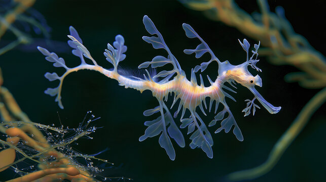 Leafy seadragon swimming among coral and seaweed underwater