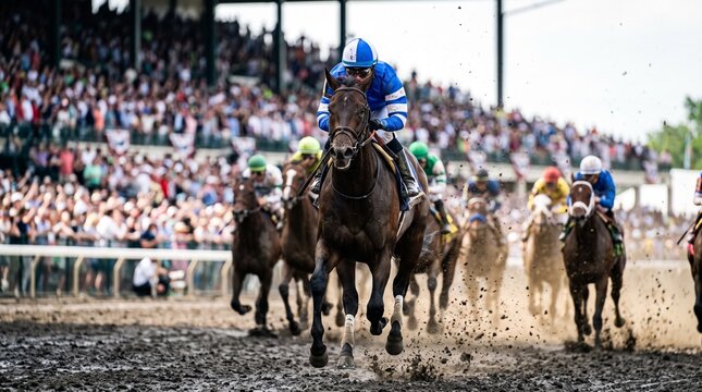 Thoroughbred horses and jockeys in a melbourne cup racing competition