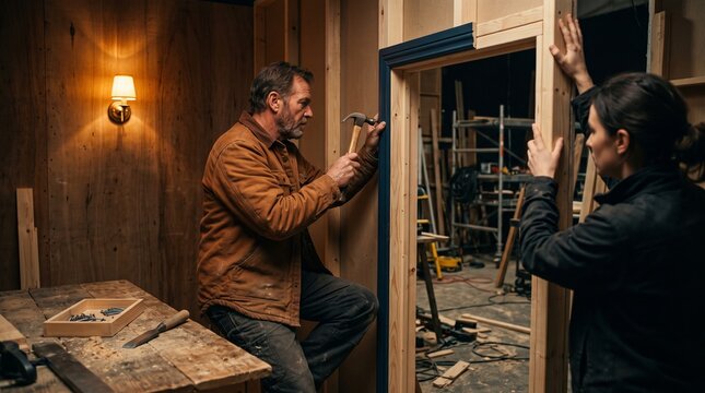 Set carpenter fits trim on a temporary interior wall