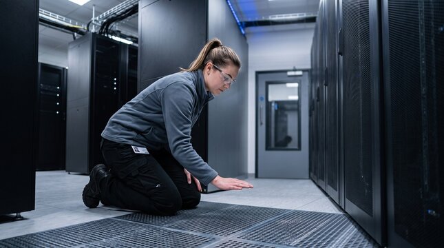 Technician inspects chilled airflow at data center floor