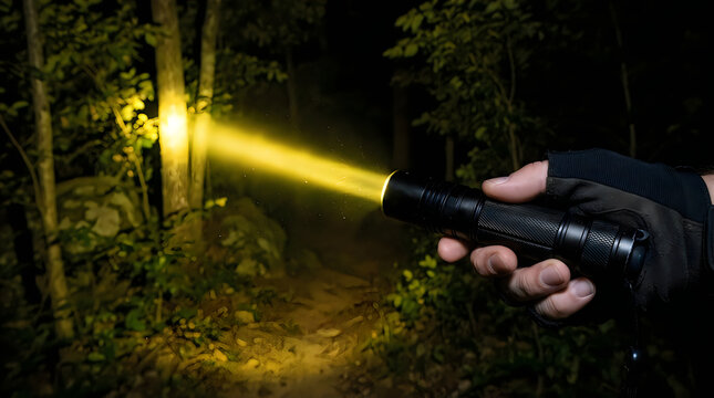 Person holding a bright flashlight in a dark forest at night illustration