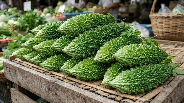 Fresh bitter melon vegetables on display at a market illustration