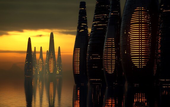 Futuristic city at sunset over water