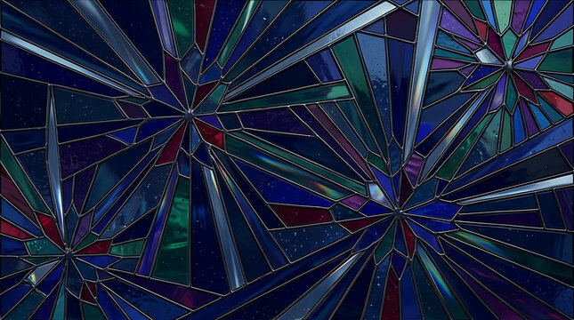 Abstract dark blue geometric background with colorful crystal shards and glowing light particles