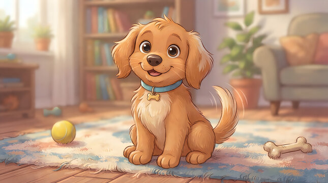 Cute cartoon puppy sitting on a colorful rug in a living room illustration