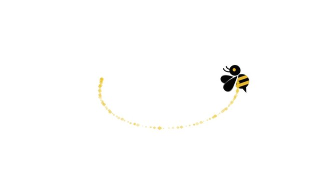 A stylized bee flies across a clean white background, leaving a controlled golden pollen trail that forms a curved copy-space frame before softly settling, ideal for nature promos and title reveals.