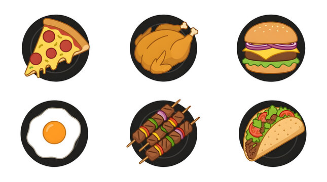 Set of assorted food icons including pizza burger and tacos with fast food meal icons vector icons pizza slice fried chicken fried egg meat skewers menu design food art