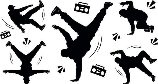 Set of break dancers silhouettes performing various hip hop dance moves with vintage boombox radios