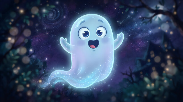 Cute blue ghost character floating in starry space illustration
