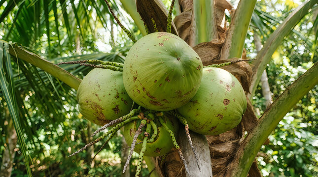 Fresh green coconuts growing on a palm tree illustration