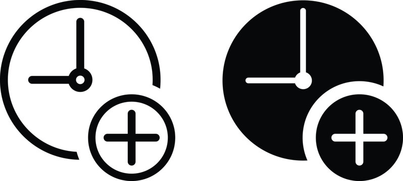 Add time event vector icon set. Schedule creation and overtime duration tracking symbol. Clock with plus badge in outline and solid black variations