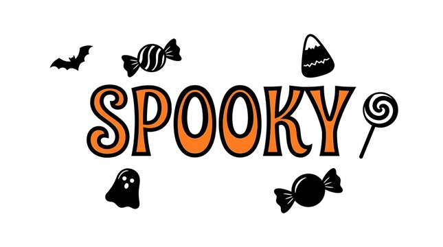 Hand drawn spooky lettering with halloween elements like bats and candy