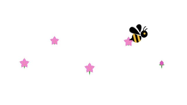 A stylized bee flies past simple flower icons, turning closed blooms into open pollinated flowers with tiny pollen details in an educational animation for ecology, farming, and sustainability themes.