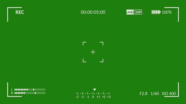 Camera Viewfinder Overlay on Green Screen. Recording Screen With Blinking REC Dot, Running Timecode, Focus Frame, Battery and Audio Level Meters. Camcorder HUD Chroma Key
