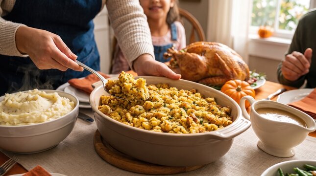 Hands serving stuffing from a dish at a Thanksgiving dinner with a roasted turkey and mashed potatoes