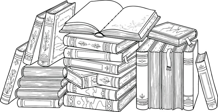 Vintage hand drawn books illustration, stack of old antique hardback books, black and white sketch of library collection for coloring or design