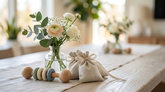 Baby shower table centerpiece with flowers and wooden rattle on rustic table