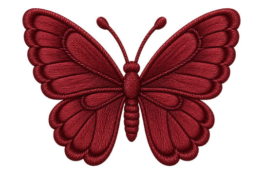A detailed red butterfly embroidery design isolated on a clean white background for crafts