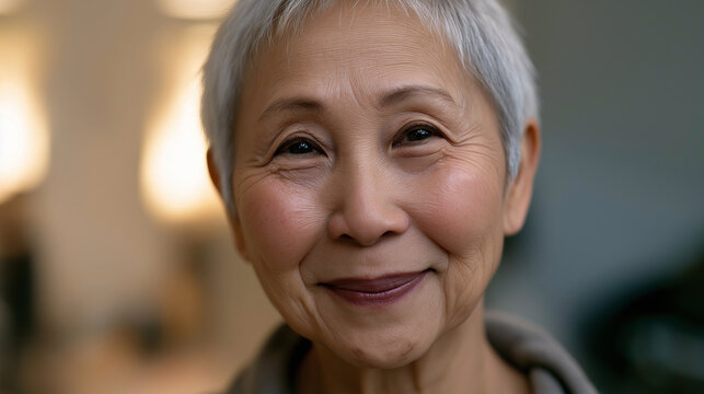 Elderly woman smiling warmly indoors