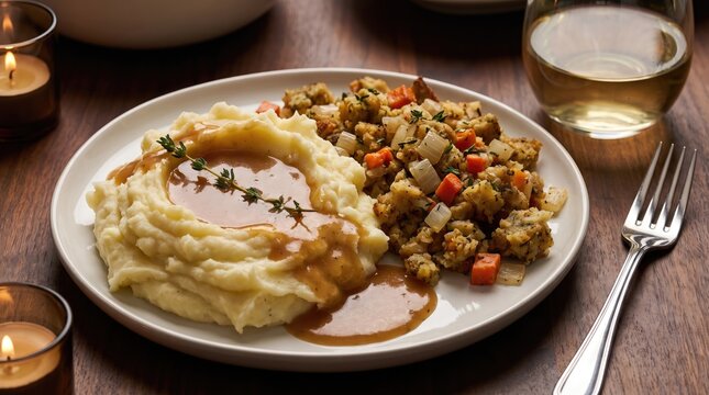 Mashed potatoes with gravy and stuffing served on a plate with candles and wine for a festive meal