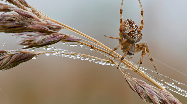 Spider on grass stem with dew drops