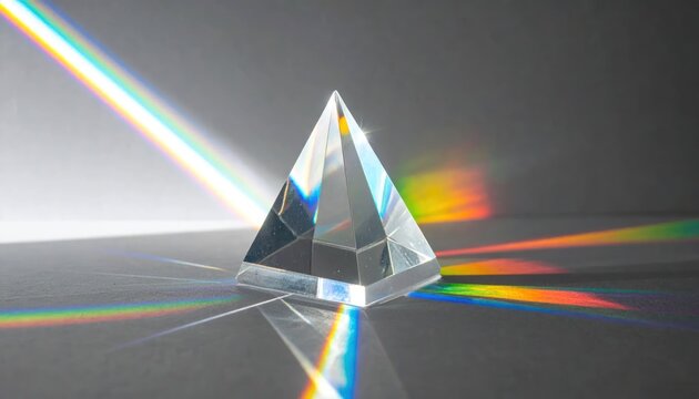 Glass prism refracting light into colorful rainbow spectrum.