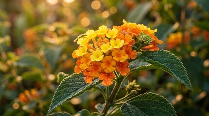 Obraz premium Vibrant lantana flower cluster with a stunning gradient of yellow to deep orange petals among dark green textured leaves at golden hour.