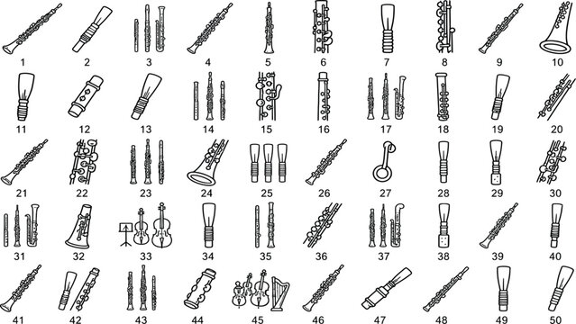 Collection of various musical instruments illustrated in simple line art style