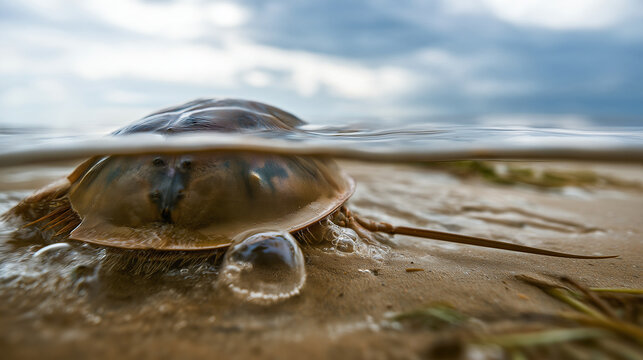 Horseshoe crab resting at water's edge on sandy beach