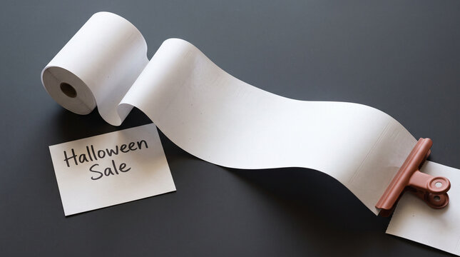 Halloween Sale Note with Long Unrolled Receipt Paper Roll on Dark Background