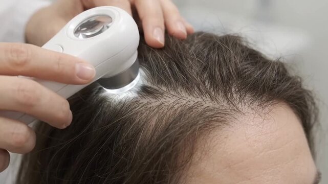 Dermatologist examining patient scalp and hair follicles using a specialized handheld trichoscope dermatoscope in a modern medical clinic setting for hair loss treatment.