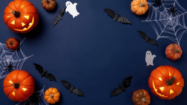 overhead flat lay of elegant halloween decor with glowing jack o lantern pumpkins webs and bat silhouettes on navy blue background for commercial advertising