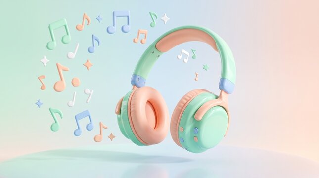 Pastel wireless headphones floating with colorful musical notes on a soft gradient background